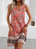 Sleeveless A-Line Mini Dress, Keyhole Ring Neck Resort Dress, Boho Paisley Floral Summer Vacation Dress