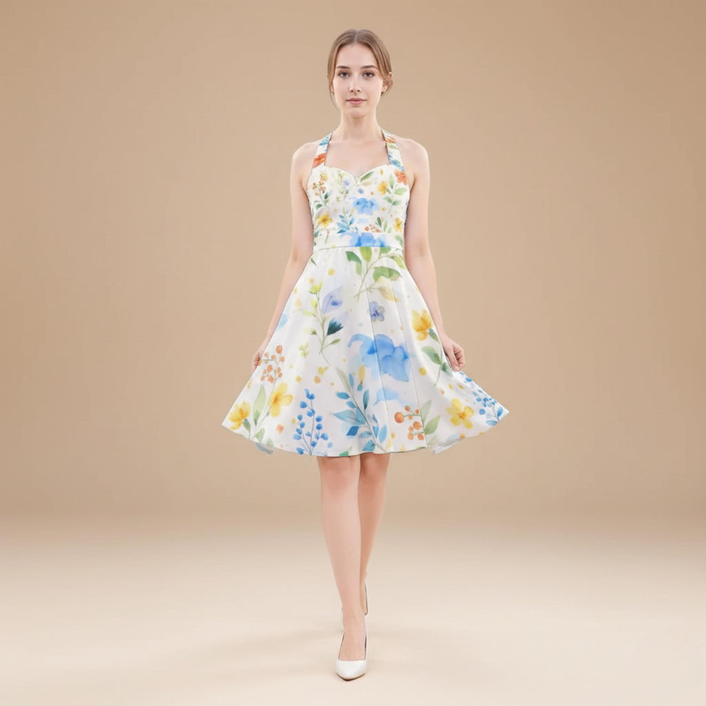 Watercolor Floral Halter Dress | Blue Yellow Skater Sundress