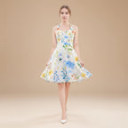 Watercolor Floral Halter Dress | Blue Yellow Skater Sundress