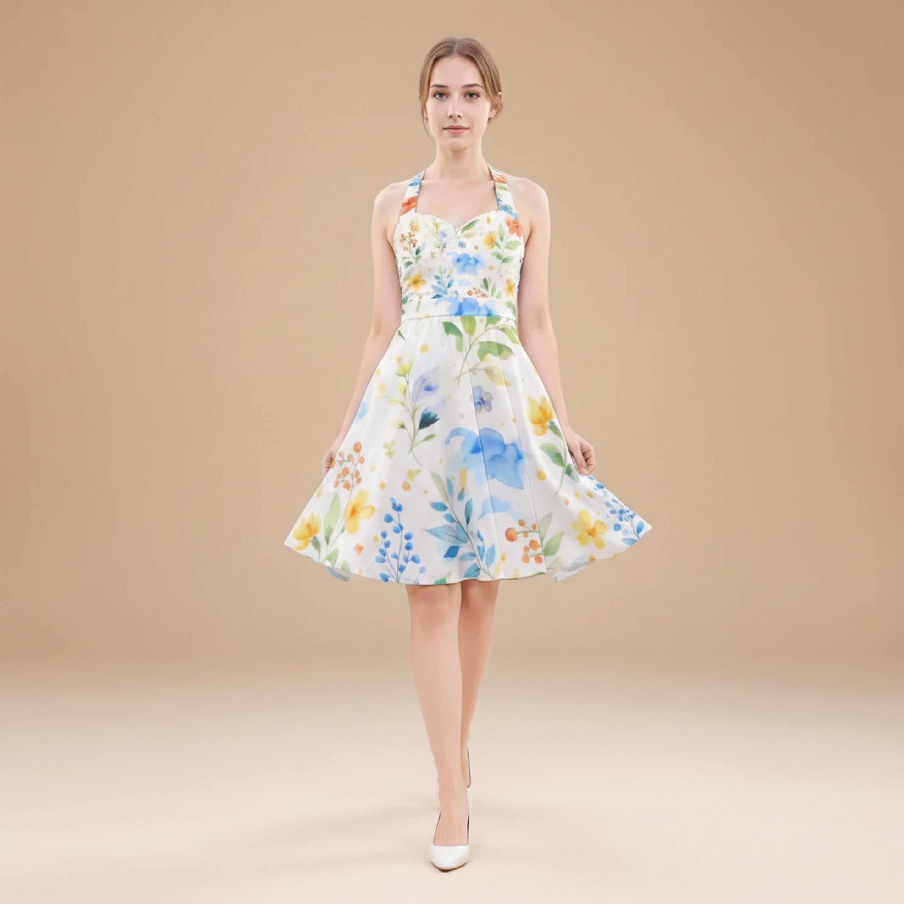 Watercolor Floral Halter Dress | Blue Yellow Skater Sundress