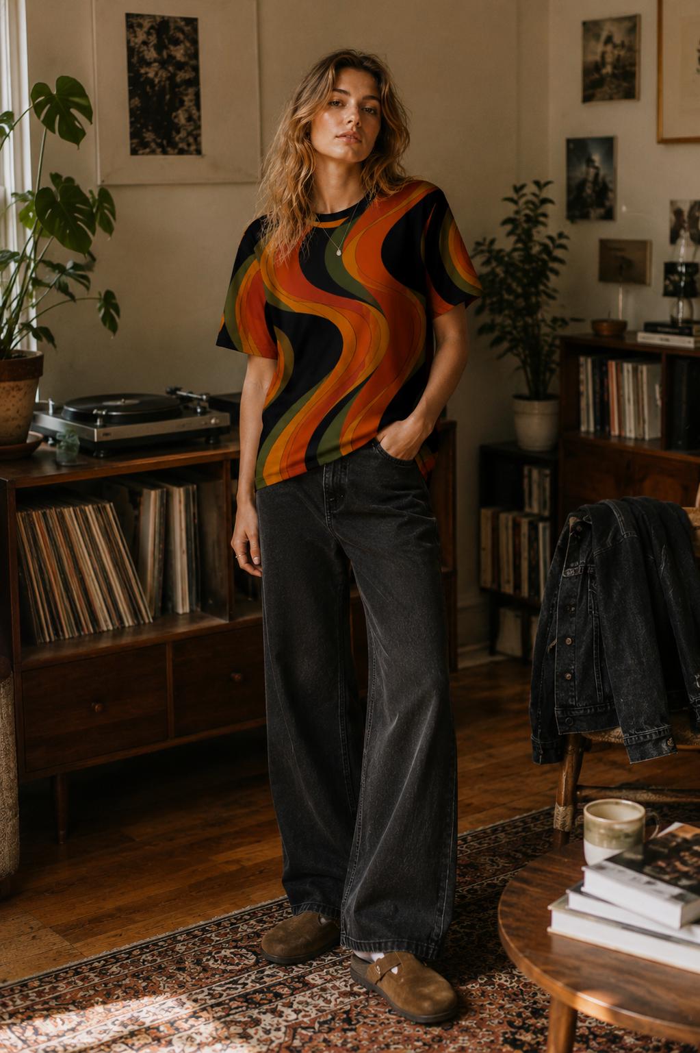 Retro Wave Oversized T-Shirt | 70s Abstract Cotton Tee