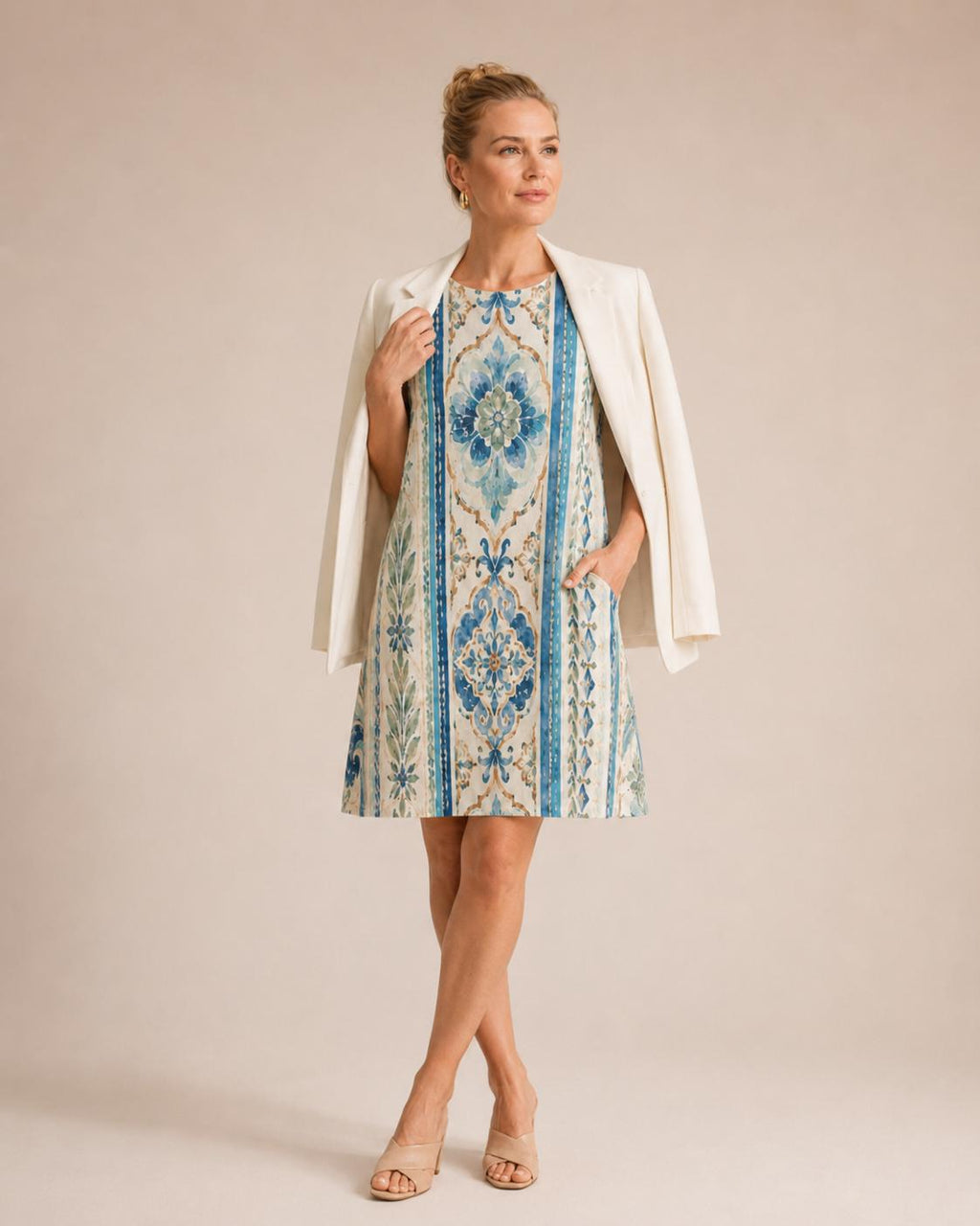 Mediterranean Tile A-Line Dress | Blue White Amalfi Pocket Dress