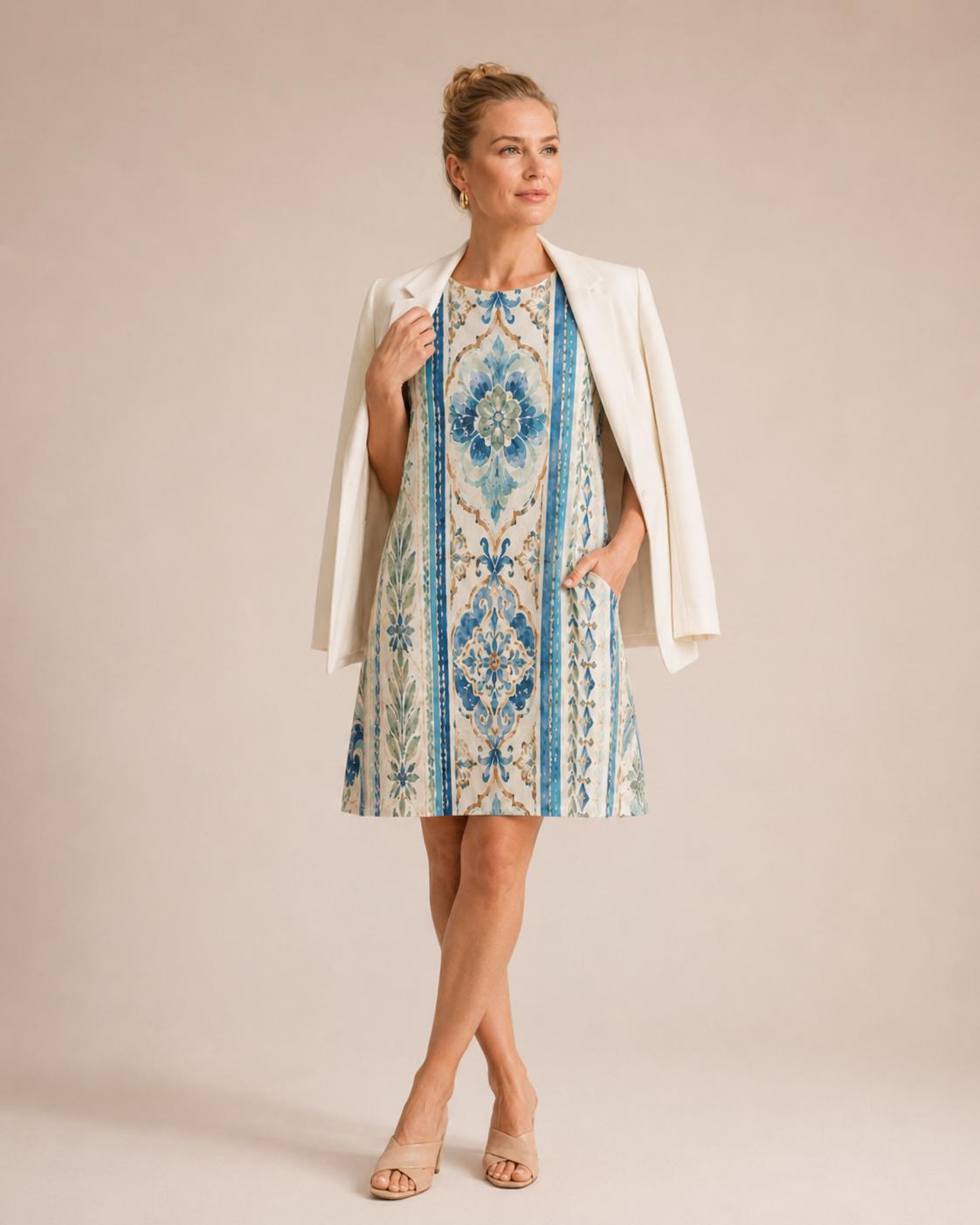Mediterranean Tile A-Line Dress | Blue White Amalfi Pocket Dress