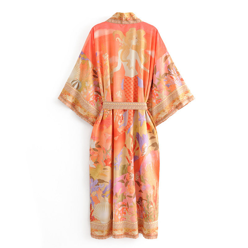 Long mermaid-print kimono cover-up for women