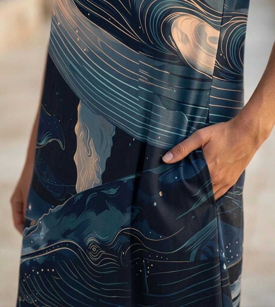 Whale Art A-Line Dress | Coastal Sleeveless Pocket Dress
