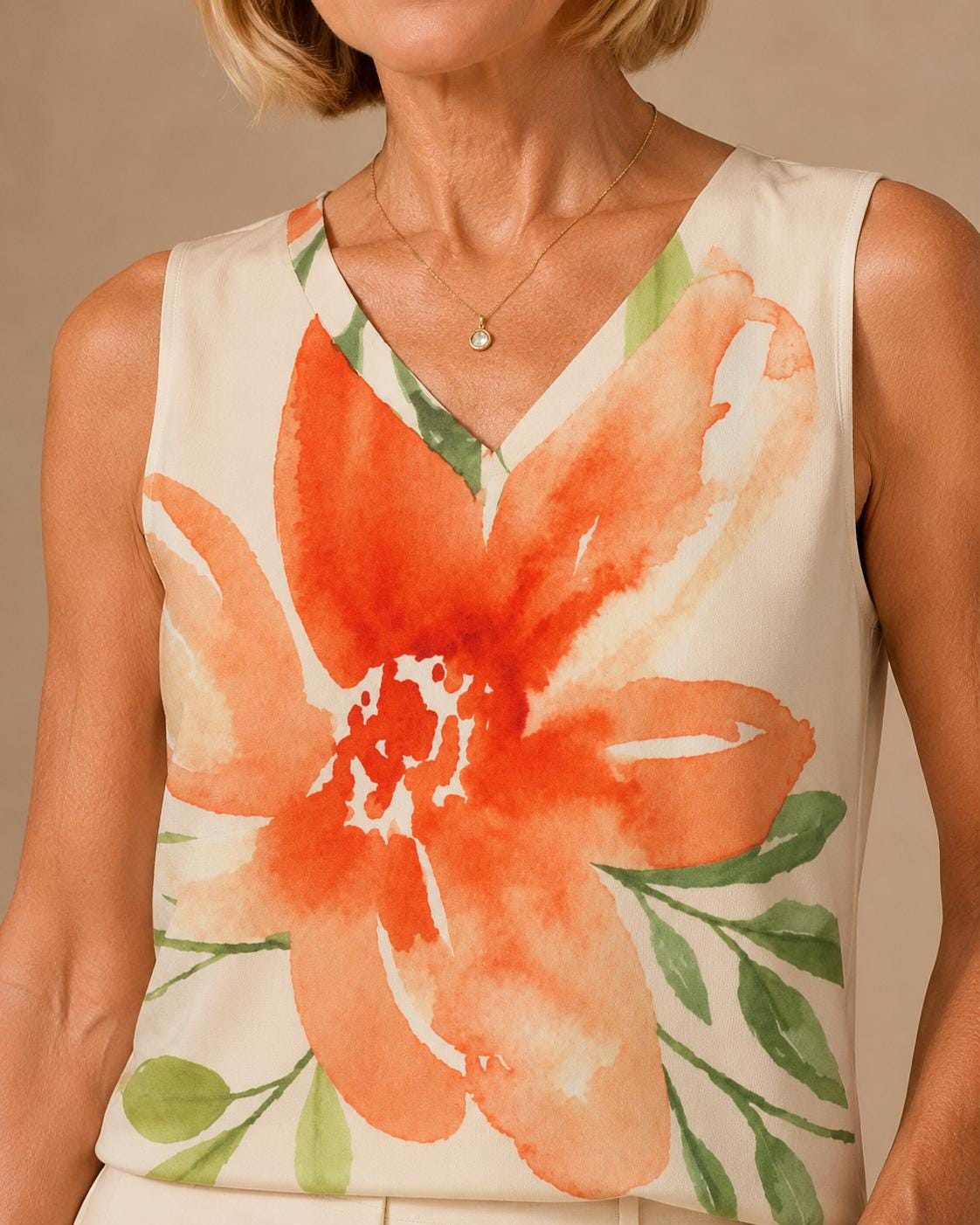 Orange Lily Floral Tank Top | Watercolor V-Neck Vacation Blouse