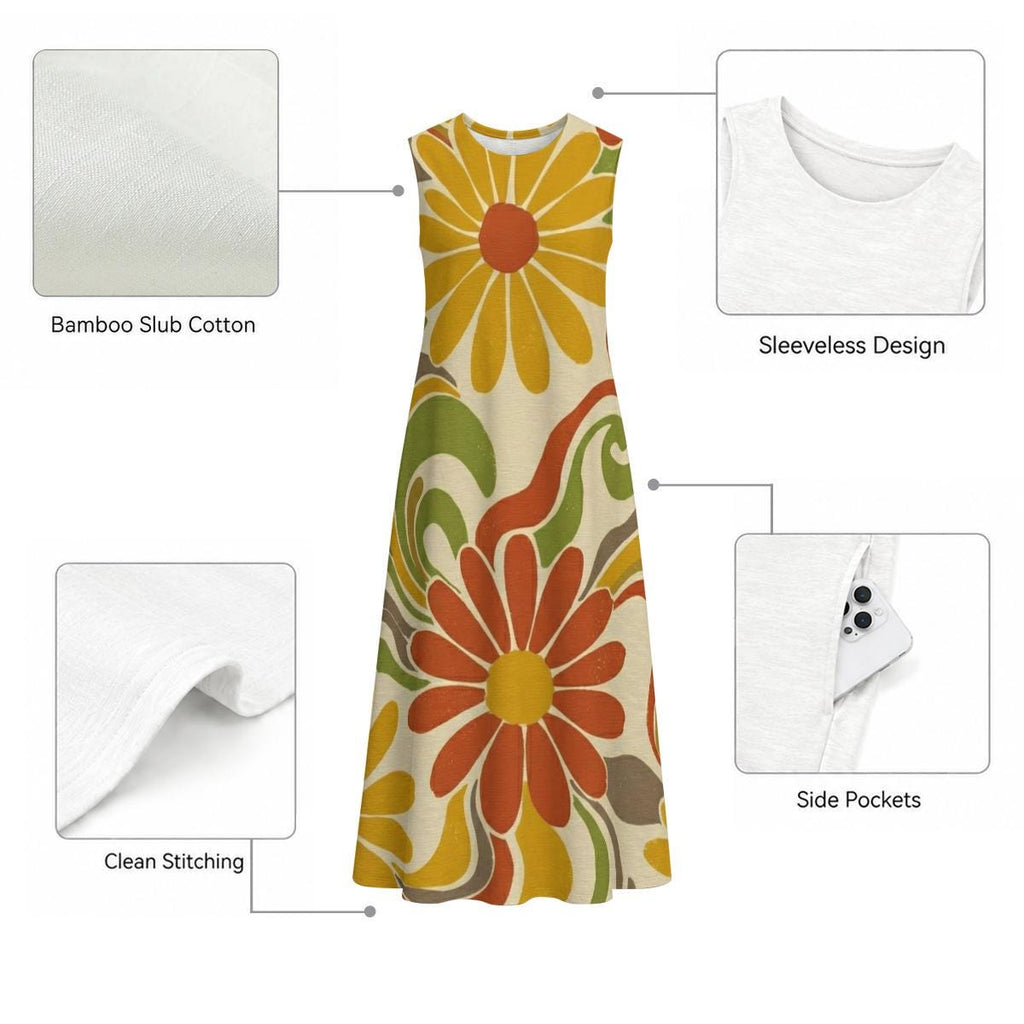 70s Daisy Cotton Midi Dress | Retro Floral A-Line Pocket Dress