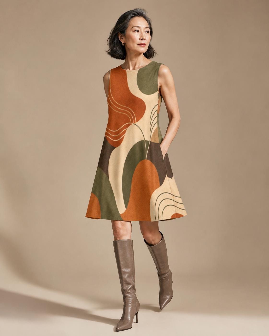 Earthy Abstract A-Line Mini Dress | Retro Coastal Pocket Dress