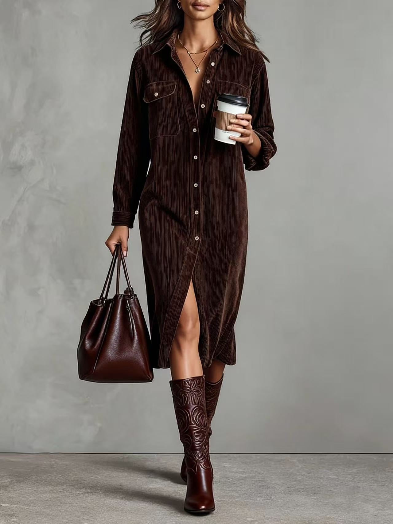Corduroy Polo-Collar Long-Sleeve Midi Dress