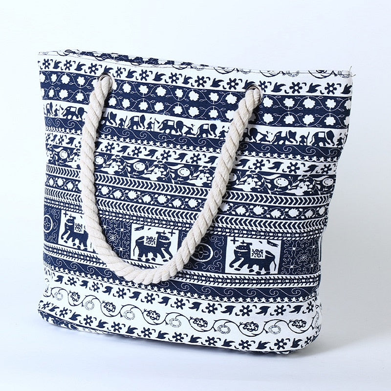 Women's blue elephant floral canvas shoulder tote bag