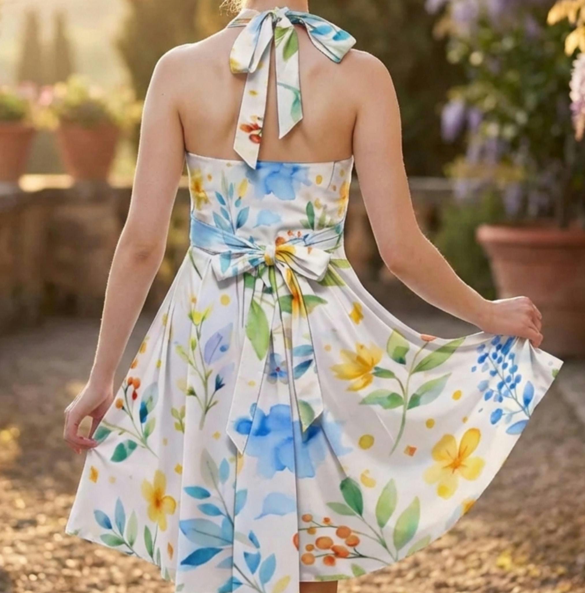 Watercolor Floral Halter Dress | Blue Yellow Skater Sundress