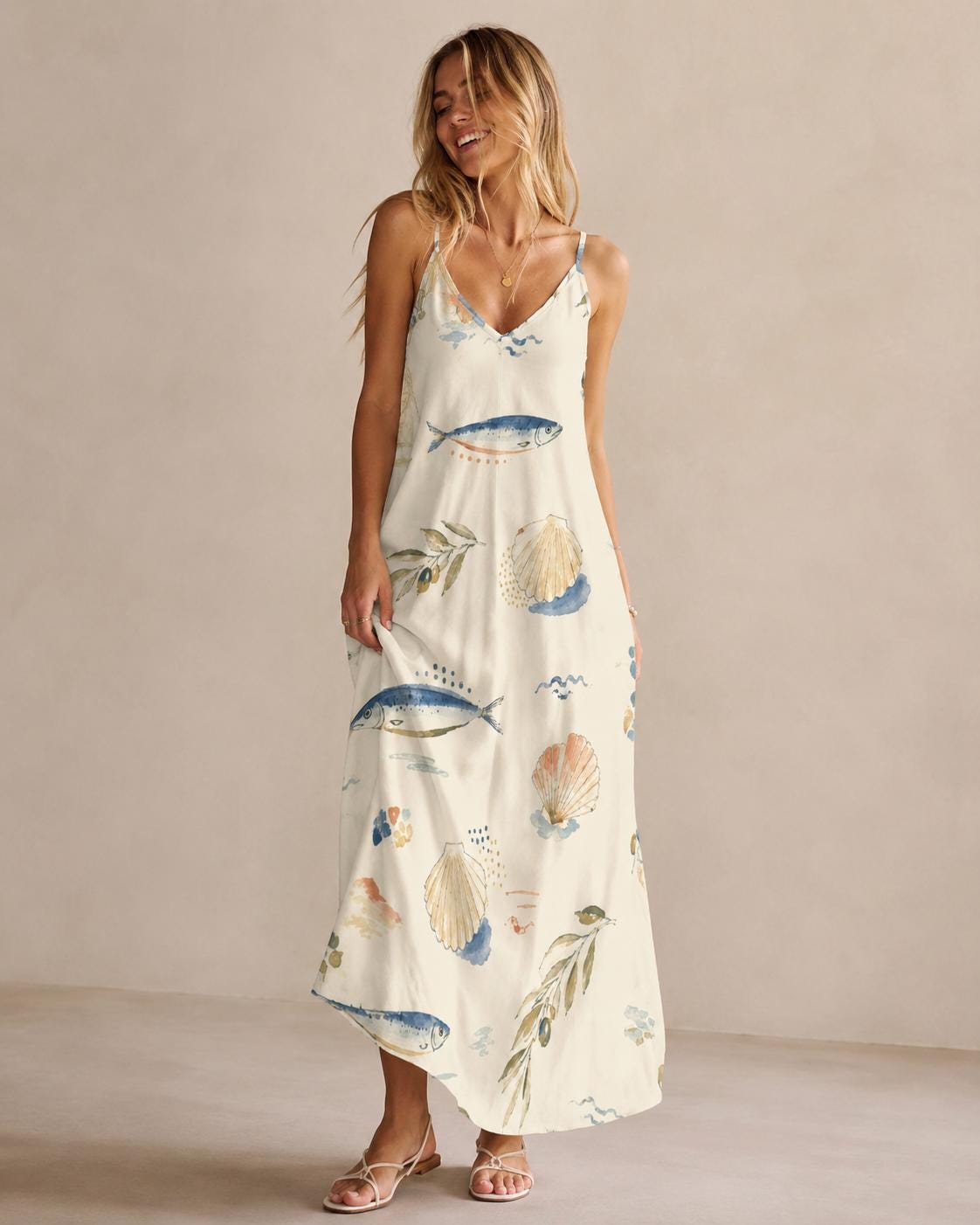 Mediterranean Fish Maxi Dress | Coastal Seashell Resort Sundress