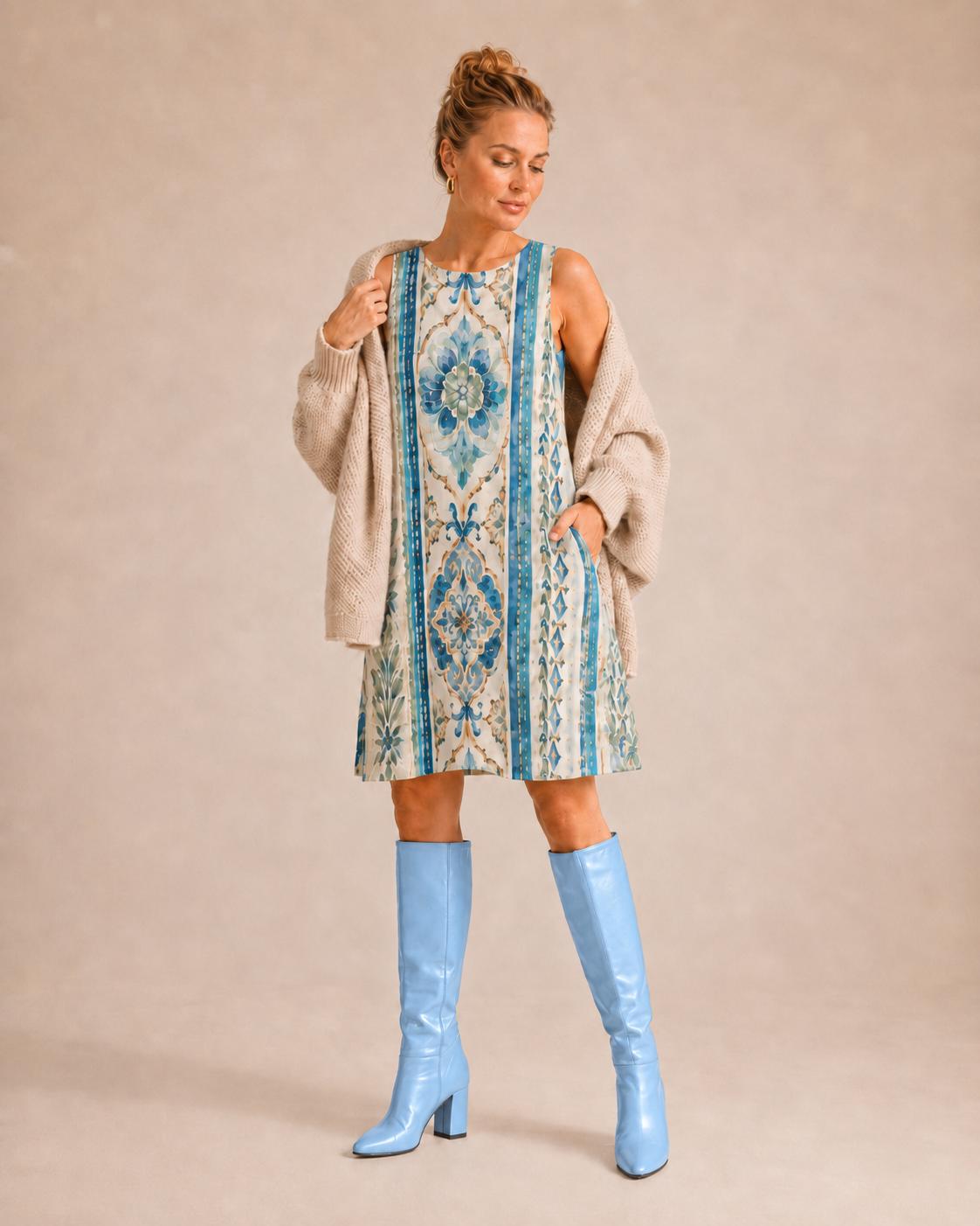 Mediterranean Tile A-Line Dress | Blue White Amalfi Pocket Dress