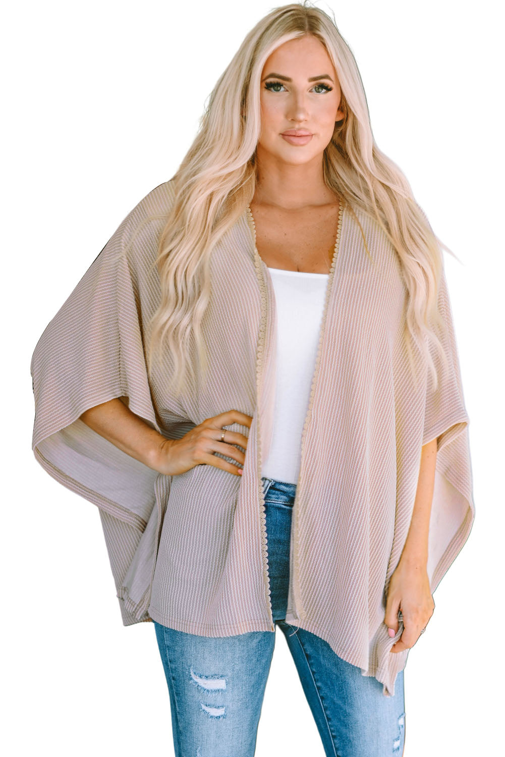Women's Lace-Trim Ribbed Kimono Cardigan – Black or Apricot