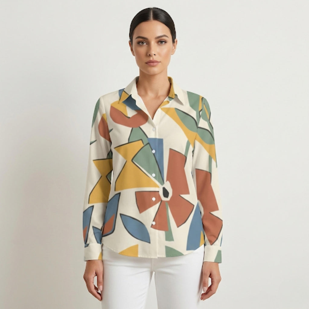 Abstract Geometric Button-Down Blouse | Modern Office Casual Top