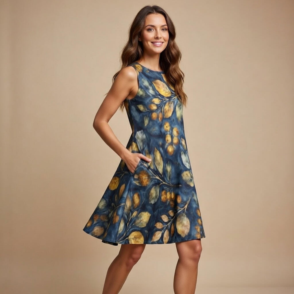Navy Botanical A-Line Mini Dress | Blue Watercolor Leaf Pocket Dress