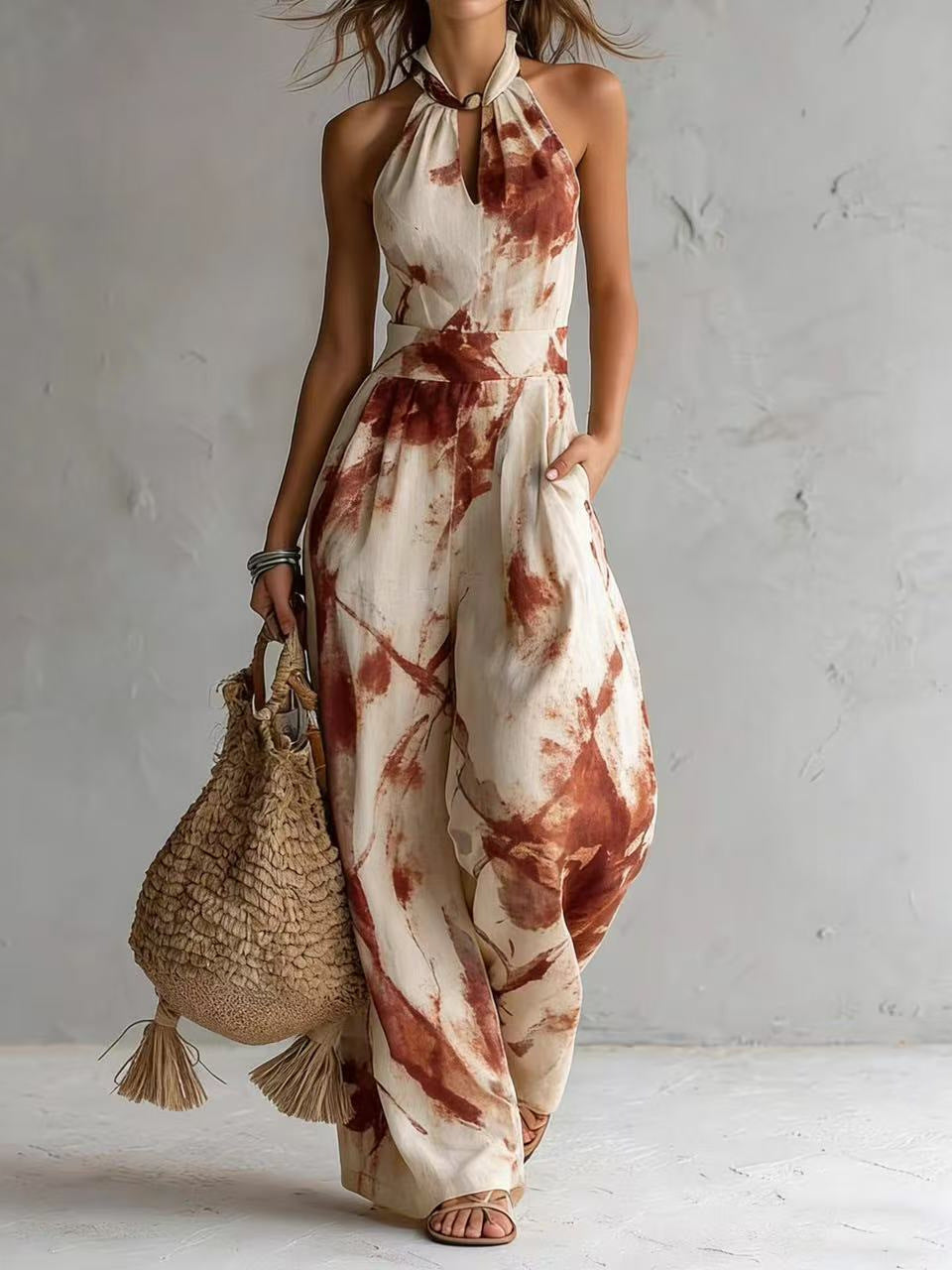 Printed Sleeveless Wide-Leg Resort Jumpsuit