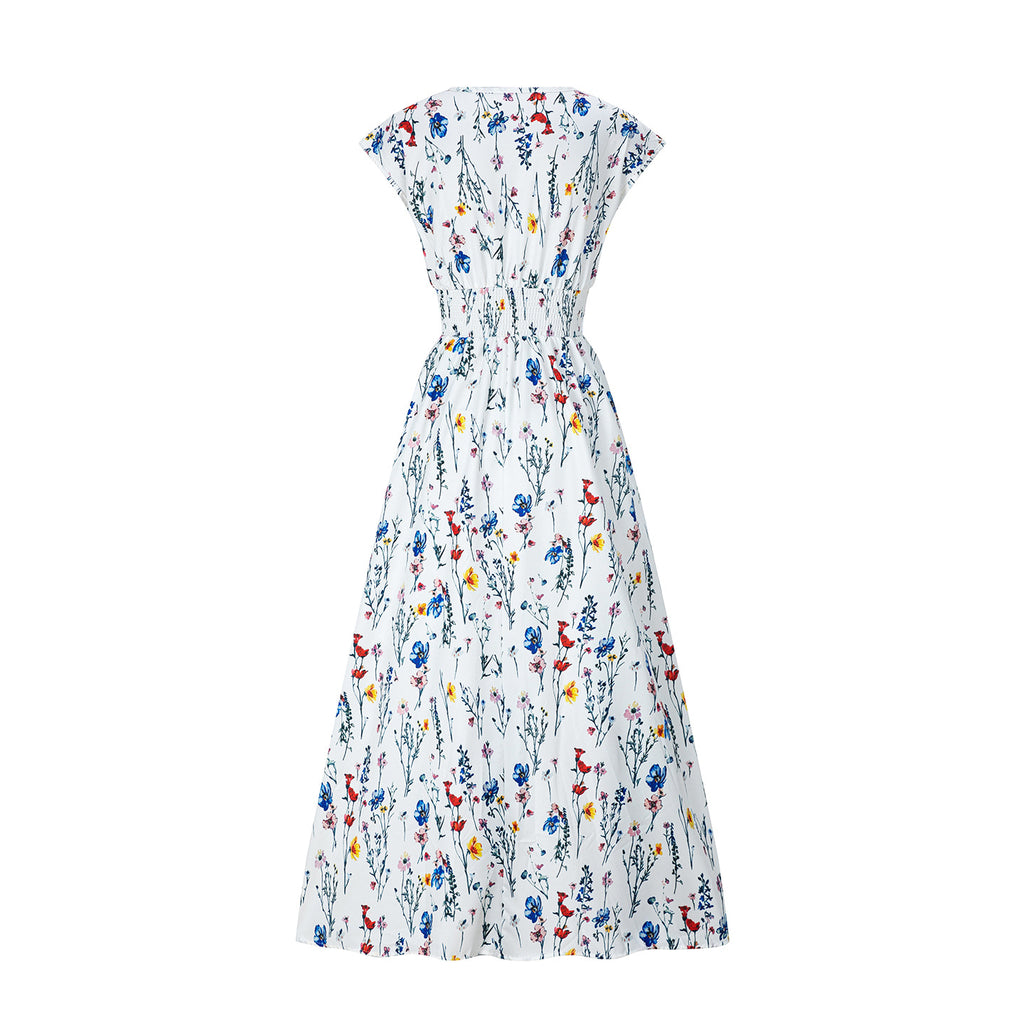White Floral V-Neck Lace-Up Maxi Dress