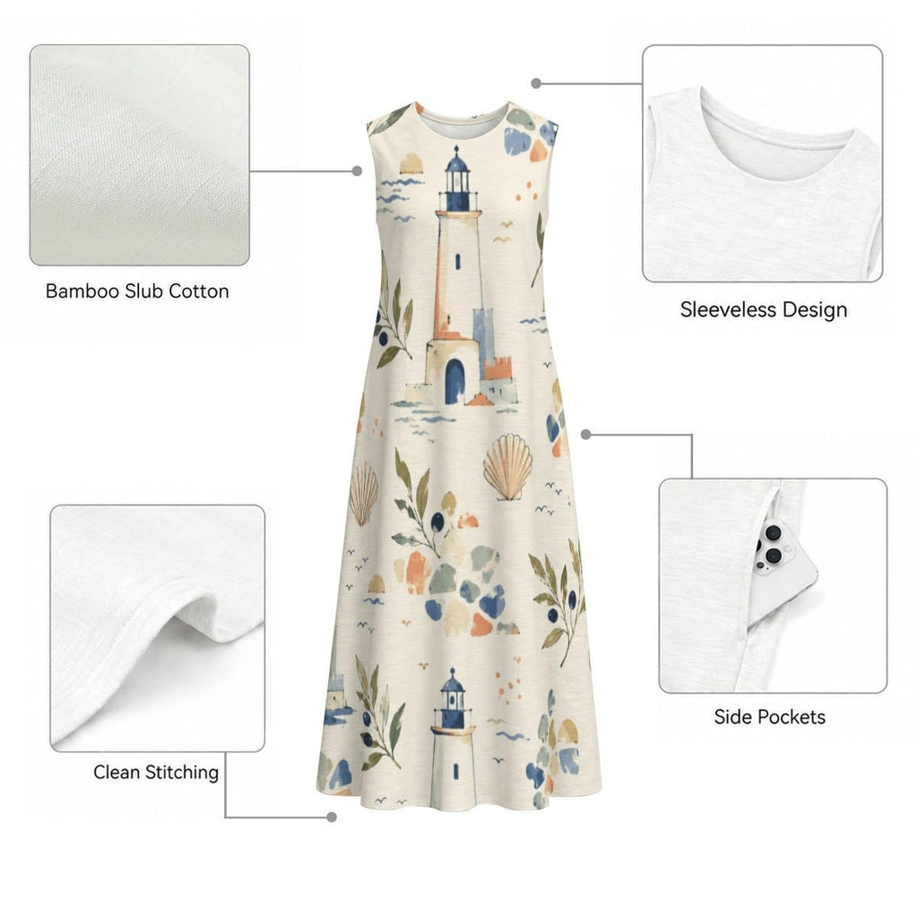 Lighthouse Cotton Midi Dress | Mediterranean Coastal Pocket Dress