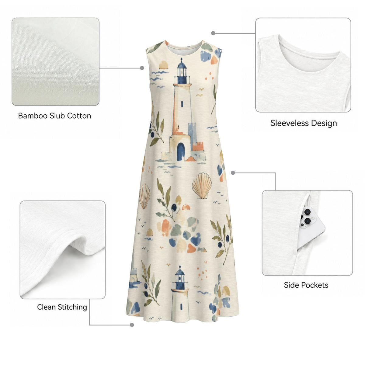 Lighthouse Cotton Midi Dress | Mediterranean Coastal Pocket Dress