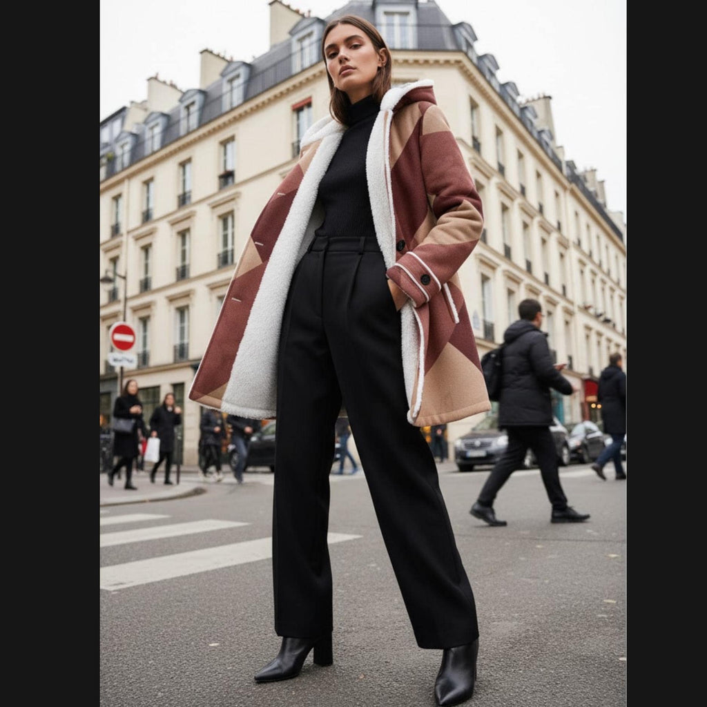 Burgundy Geometric Winter Coat | Fleece-Lined Quiet Luxury Jacket