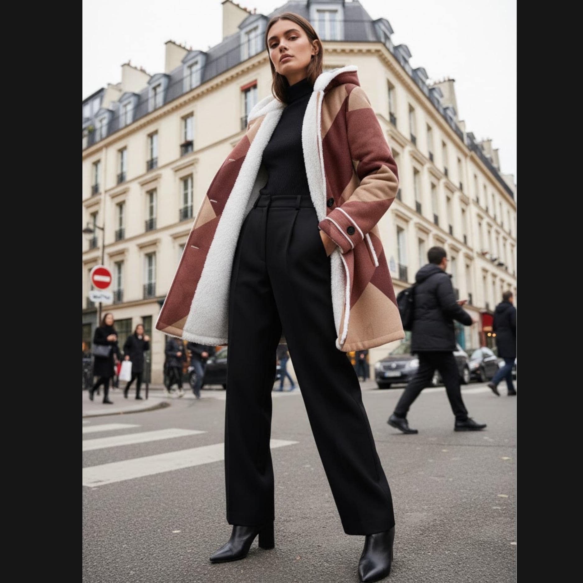 Burgundy Geometric Winter Coat | Fleece-Lined Quiet Luxury Jacket