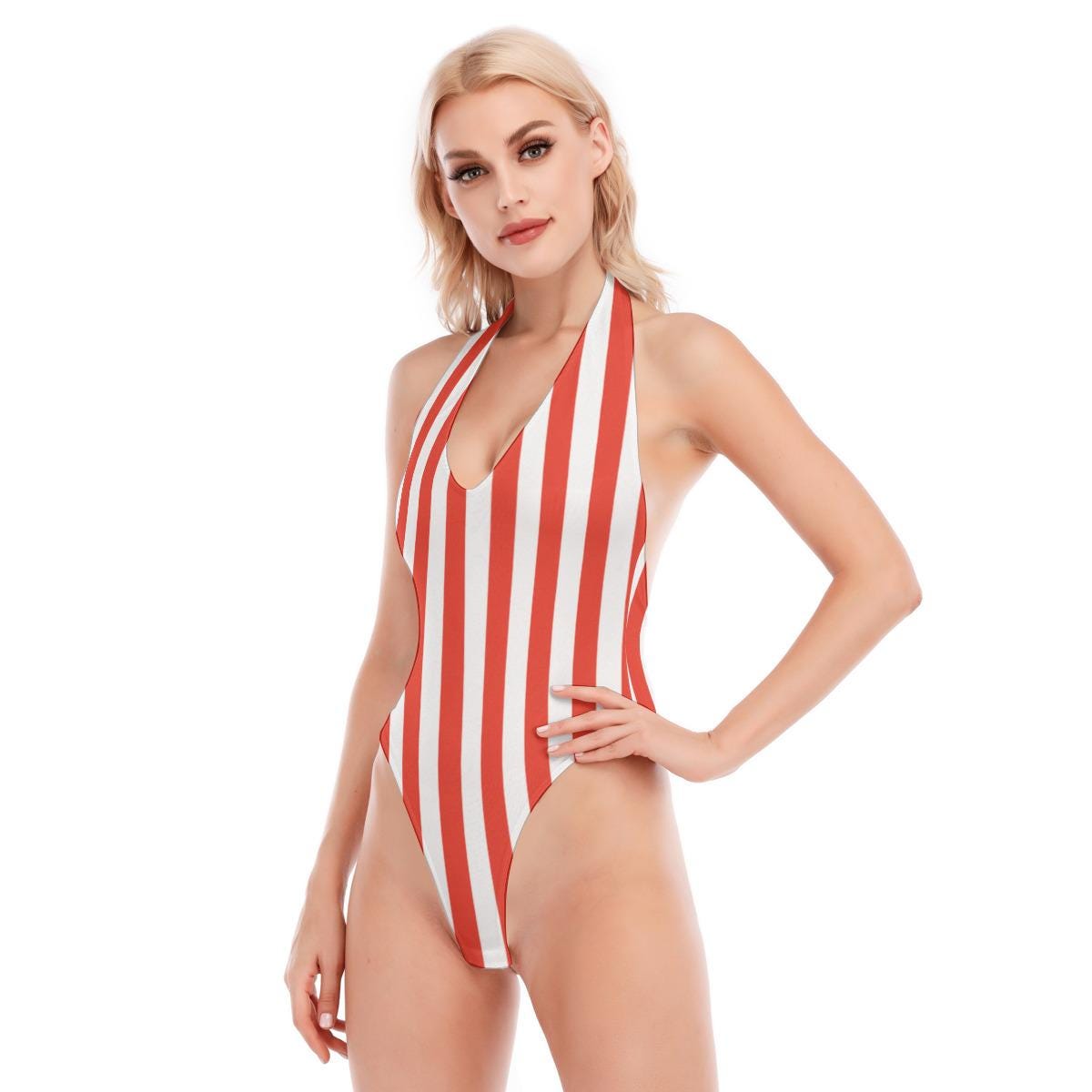 Red White Striped Halter One-Piece | Retro Resort Swimwear