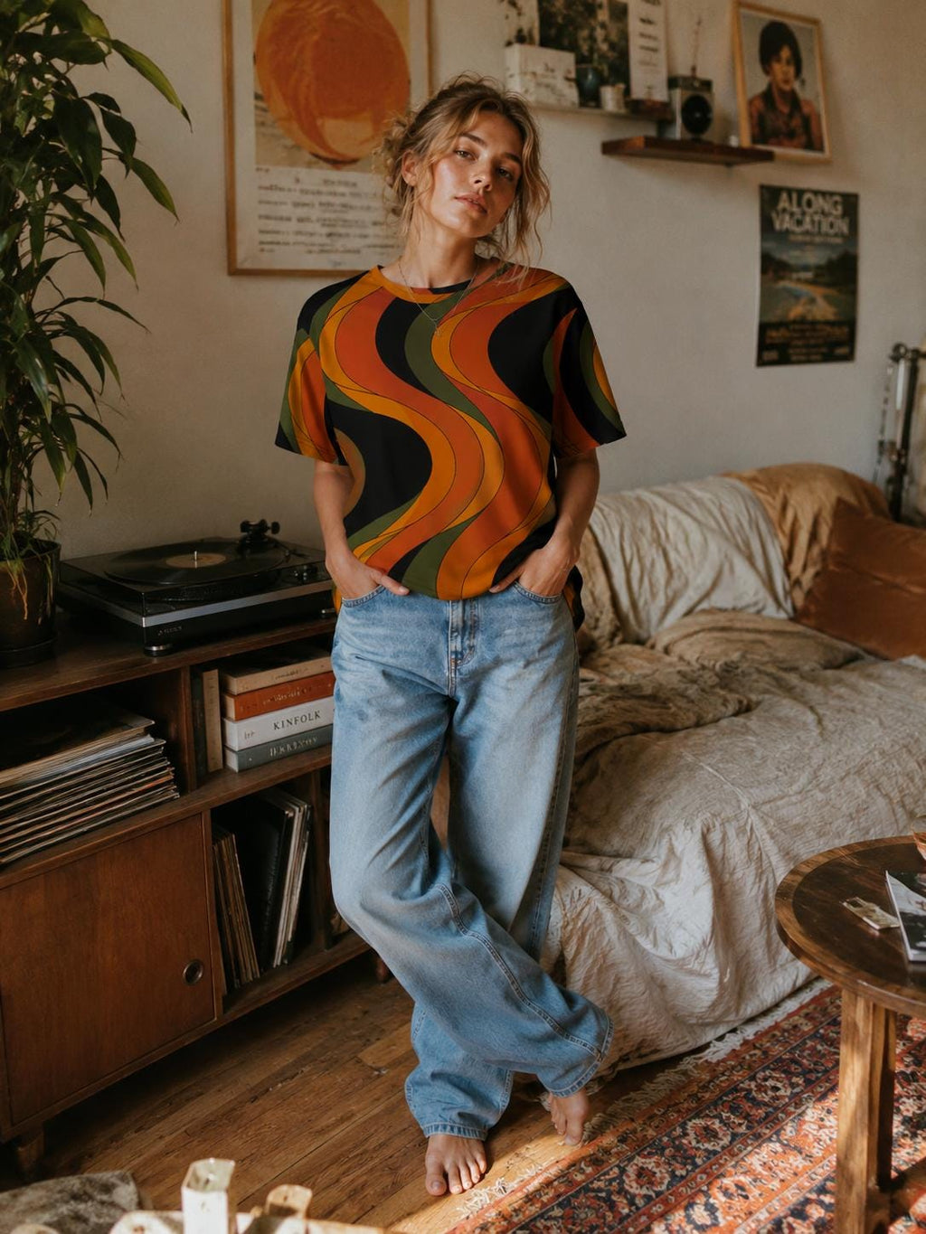Retro Wave Oversized T-Shirt | 70s Abstract Cotton Tee