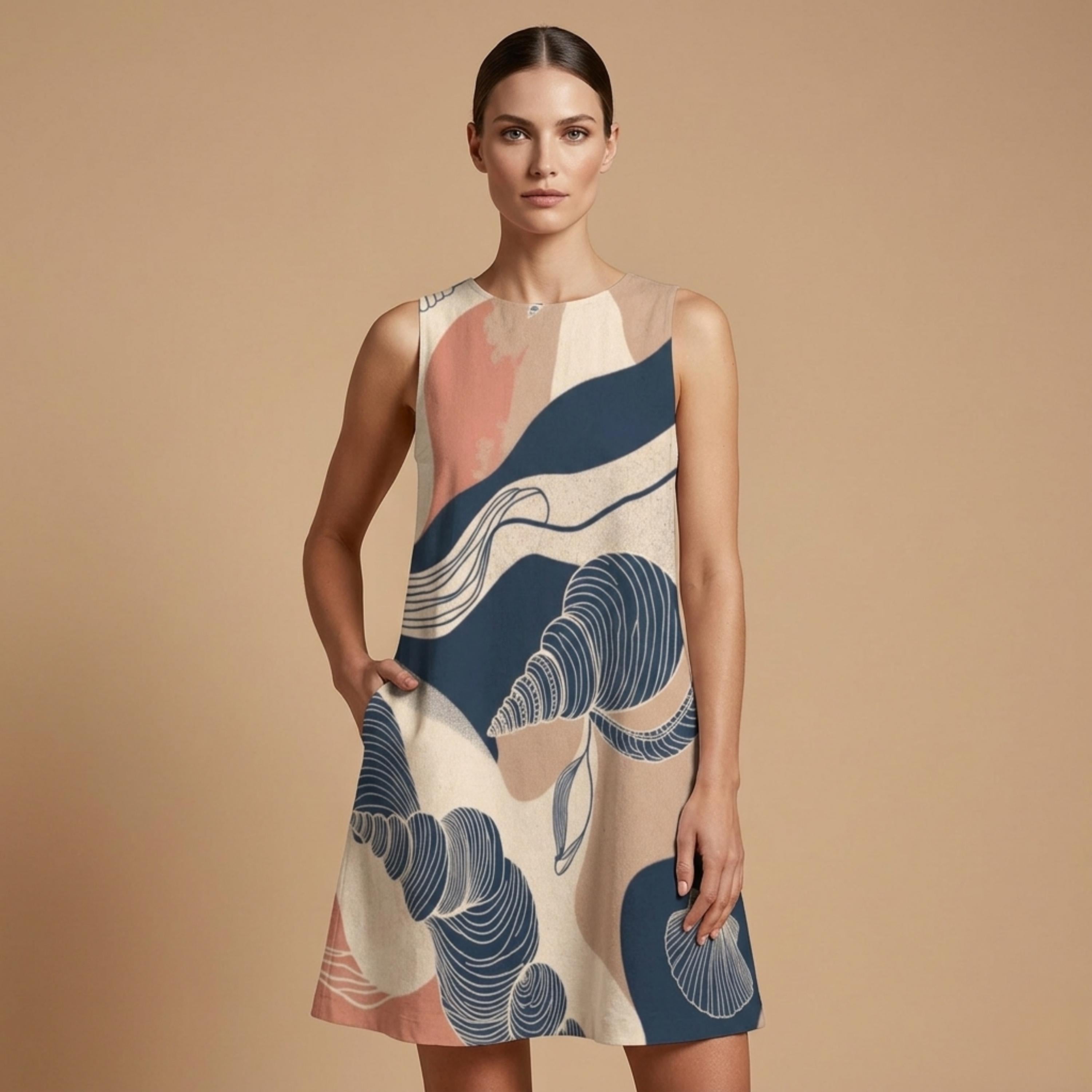 Seashell Abstract A-Line Pocket Dress | Coastal Summer Mini Dress