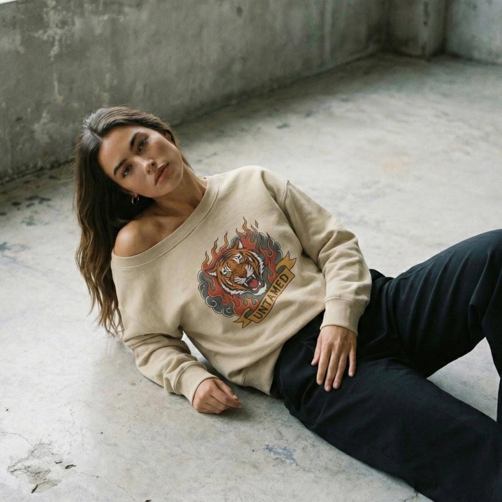 Born Wild Tiger Off-Shoulder Sweatshirt | Relaxed Graphic Top