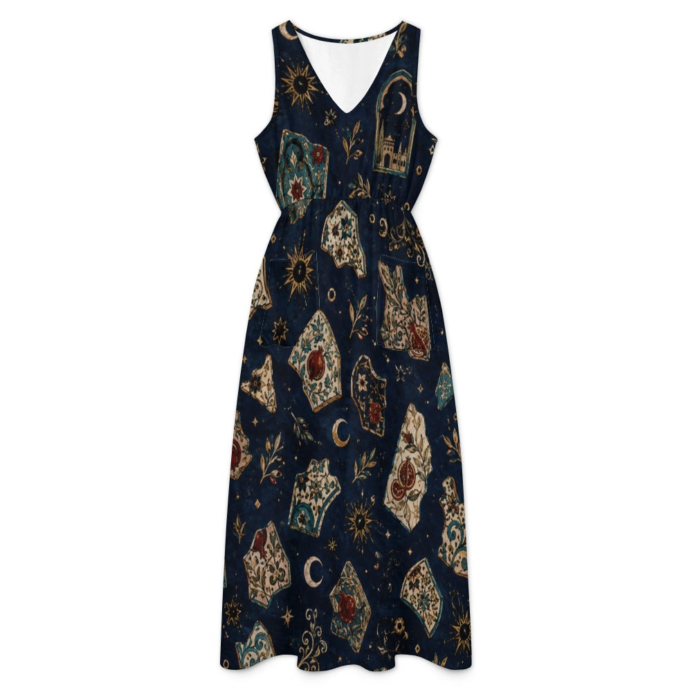 Moonlit Navy Maxi Dress with Pockets | Celestial V-Neck Dress