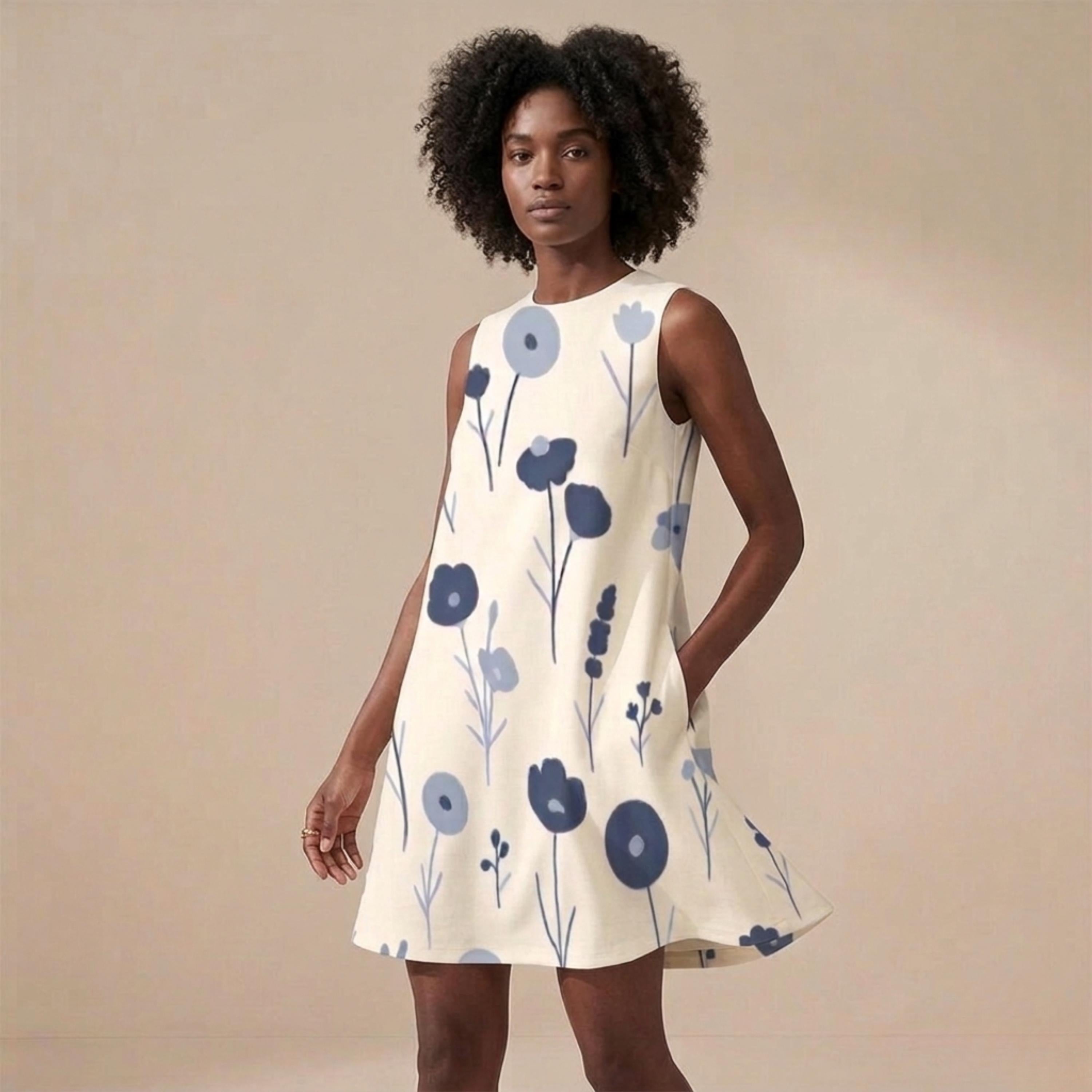 Blue Floral A-Line Mini Dress with Pockets | Scandinavian Summer Dress