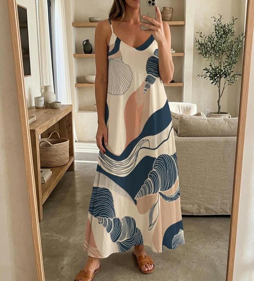 Coastal Shell Print Maxi Dress | Sleeveless Resort Vacation Dress