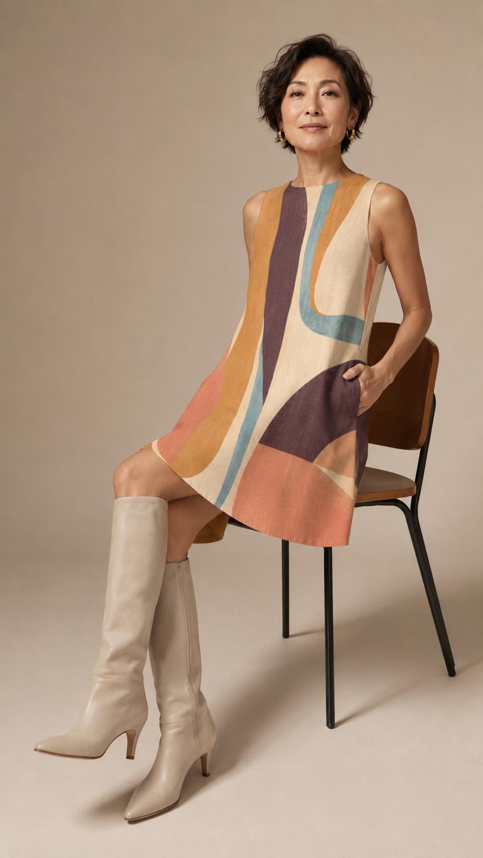 Abstract Print A-Line Mini Dress with Pockets, Retro Resort Summer Style