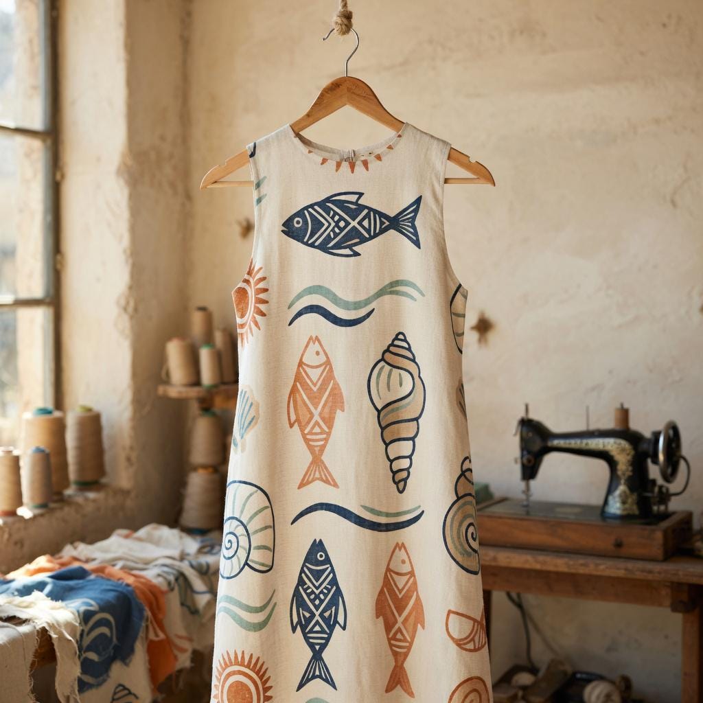Coastal Fish Cotton Midi Dress | Sleeveless Resort Pocket Dress
