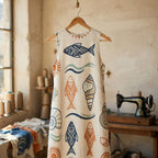 Coastal Fish Cotton Midi Dress | Sleeveless Resort Pocket Dress