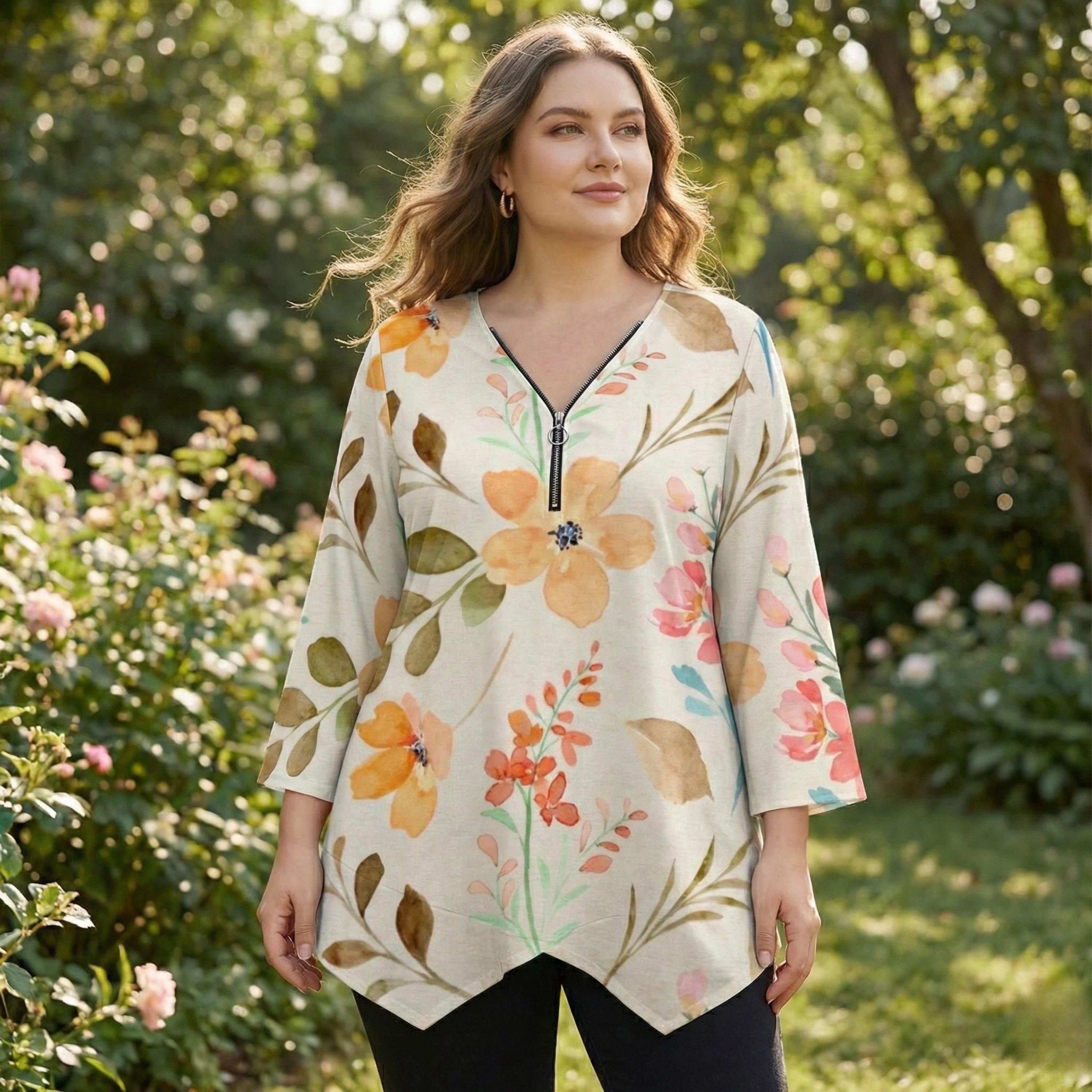 Soft Floral V-Neck Tunic | Watercolor Irregular Hem Top