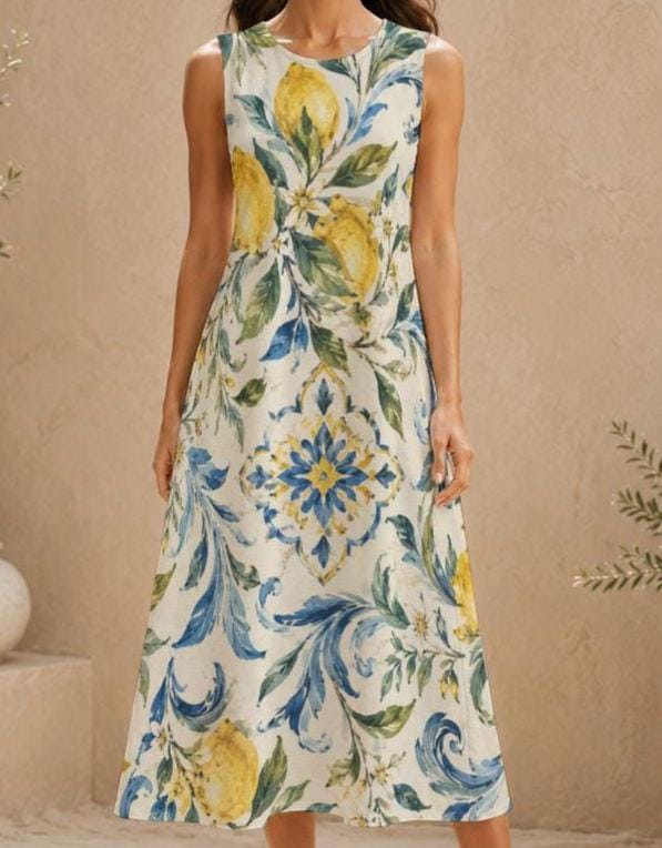 Amalfi Lemon Tile Cotton Midi Dress | Resort Pocket Dress
