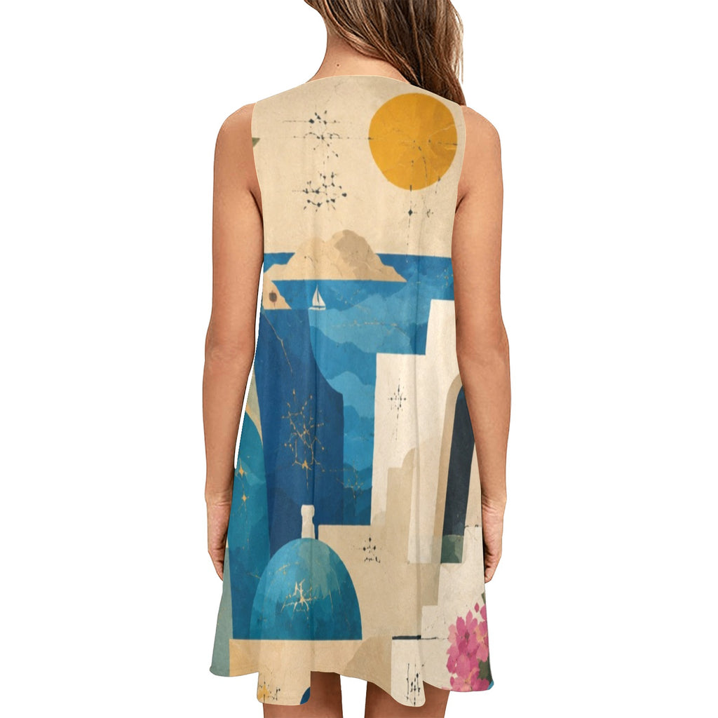 Mediterranean Landscape A-Line Mini Dress with Pockets, Greek Island Art Print