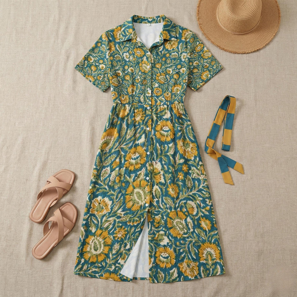 Boho Floral Midi Dress | Vintage Button-Down Summer Dress