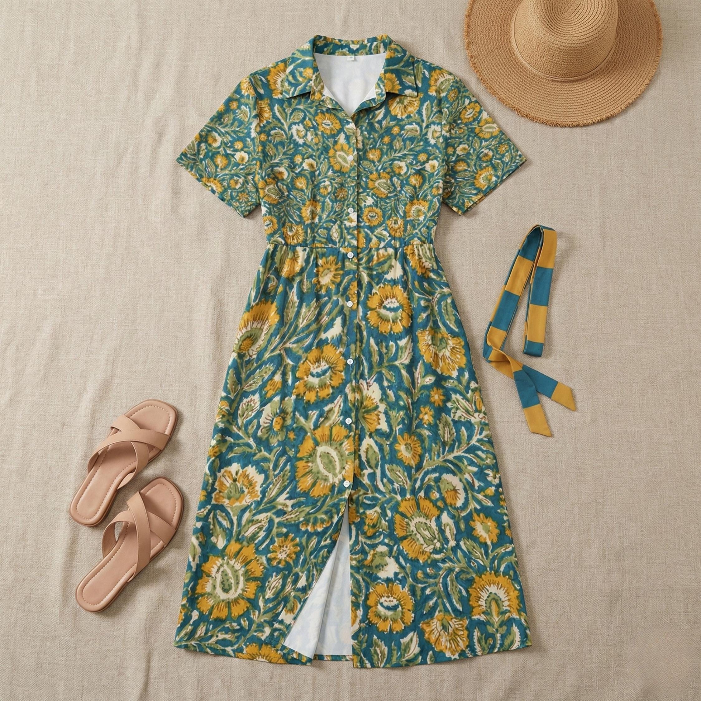 Boho Floral Midi Dress | Vintage Button-Down Summer Dress
