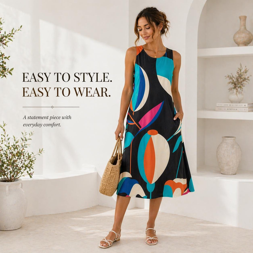 Retro Abstract A-Line Midi Dress | Wearable Art Wedding Guest Dress