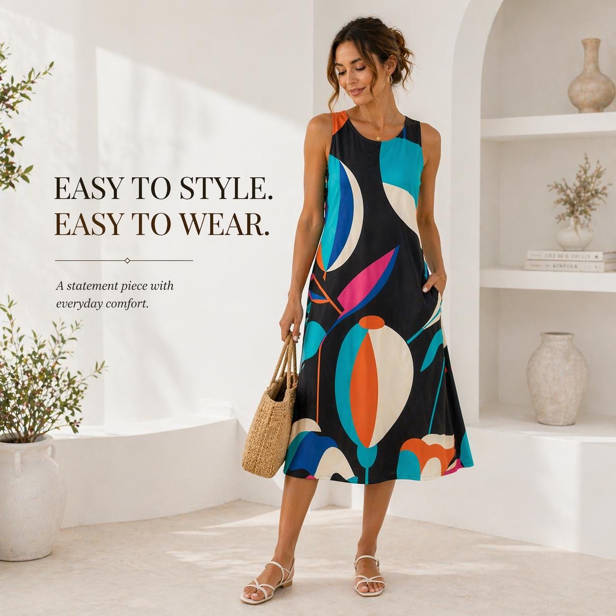 Retro Abstract A-Line Midi Dress | Wearable Art Wedding Guest Dress