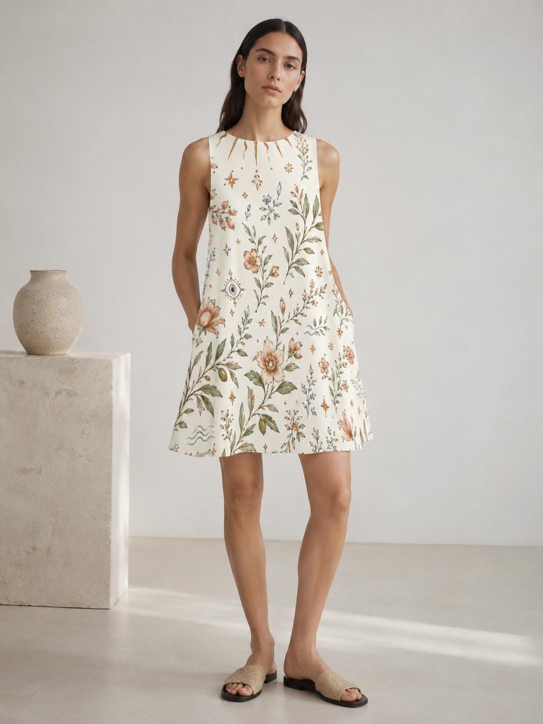 Mediterranean Evil Eye Dress | Floral Coastal A-Line Pocket Dress