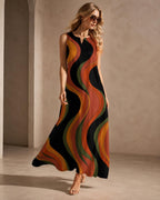 Retro Abstract A-Line Dress | 70s Earth Tone Pocket Dress
