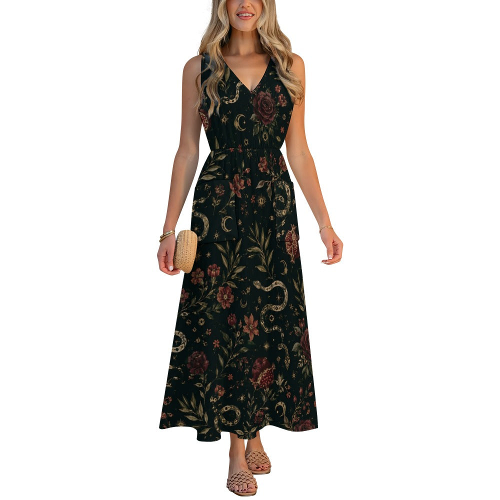 Forest Botanical Maxi Dress with Pockets | V-Neck Resort Dress