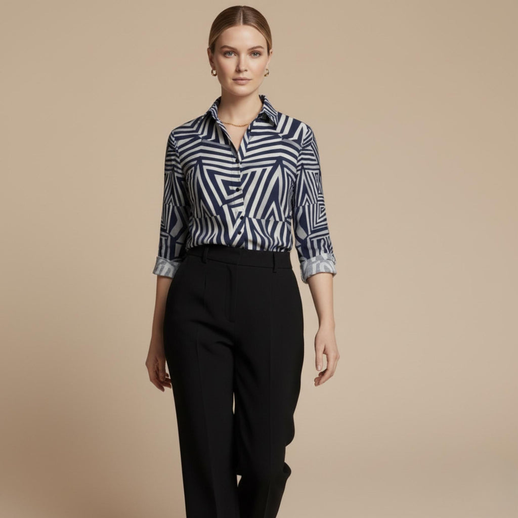 Navy Geometric Button-Down Shirt | Quiet Luxury Artwear Blouse
