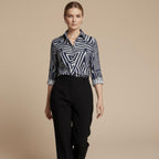 Navy Geometric Button-Down Shirt | Quiet Luxury Artwear Blouse