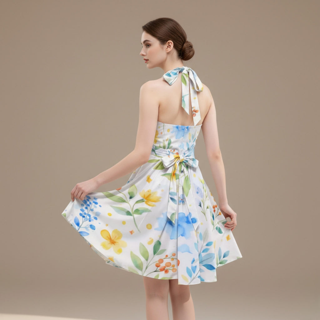 Watercolor Floral Halter Dress | Blue Yellow Skater Sundress