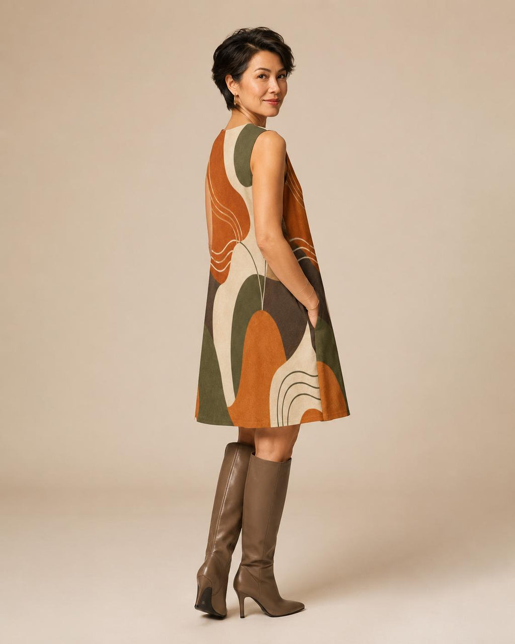Earthy Abstract A-Line Mini Dress | Retro Coastal Pocket Dress